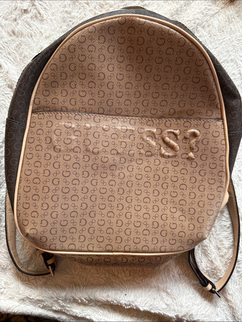 GUESS Tan & Brown Monogram G-Logo Mini Backpack Purse